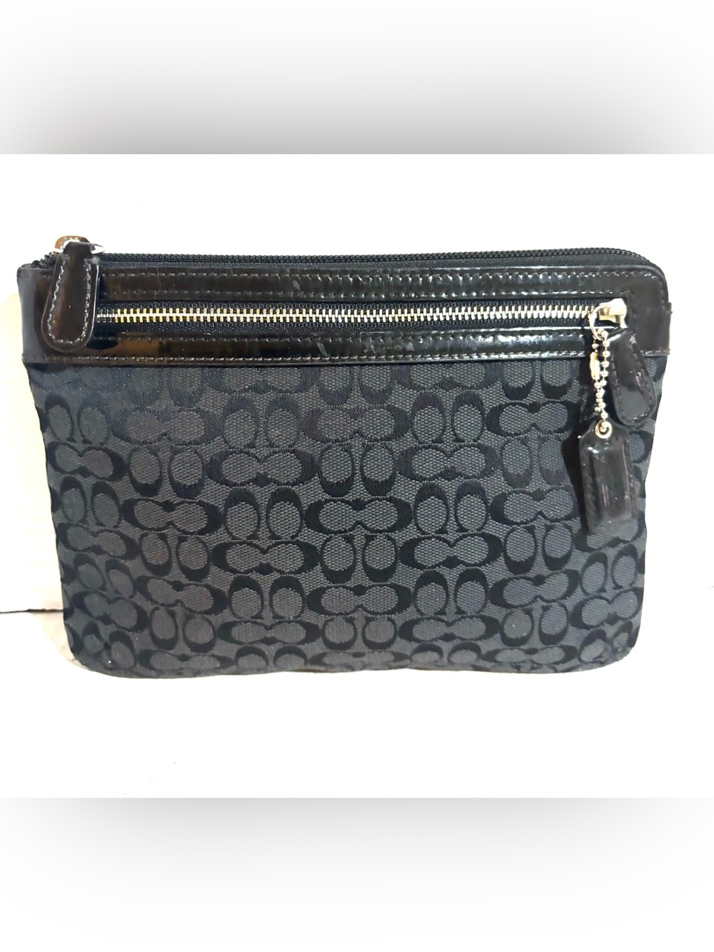 Coach Black Signature Jacquard Pouch clutch with Patent Trim